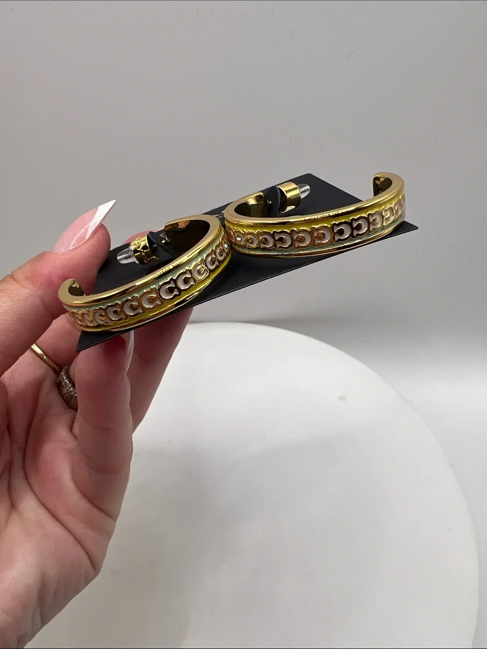 152. Coach Gold Tone and Multi Color Ceramic Hoop Earrings - Picture 4 of 5